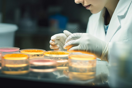神经节细胞科学家观察培养皿中的微生物背景