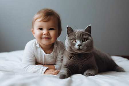 趴在床上的宝宝与猫咪高清图片