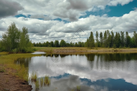 湖水反射鱼塘上积云和树木的景观图片