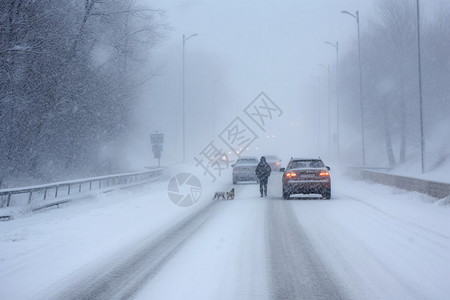 警告驾驶员和行人的道路信息暴雪天气路上的行人和汽车背景