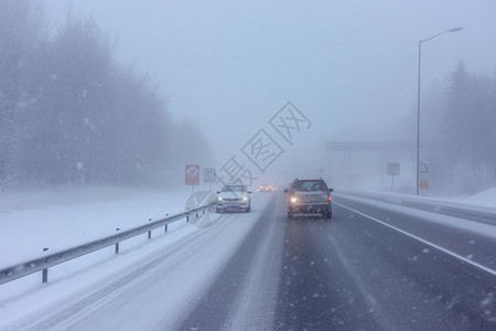 暴雪天气道路上的汽车高清图片