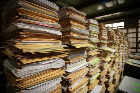 档案整理堆积在一起的纸质文件背景
