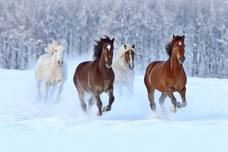 跑过雪地的一群马高清图片