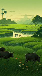 水稻田中的水牛图片