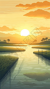 夕阳下宁静的水稻田壁纸背景图片