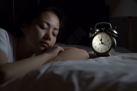 晚上失眠女生睡觉旁放着闹钟背景