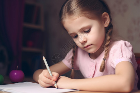 女孩在桌子上学习写字图片