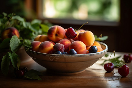 放着桃子和樱桃的水果碗图片