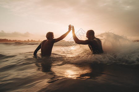 两个冲浪者在水中互相击掌图片