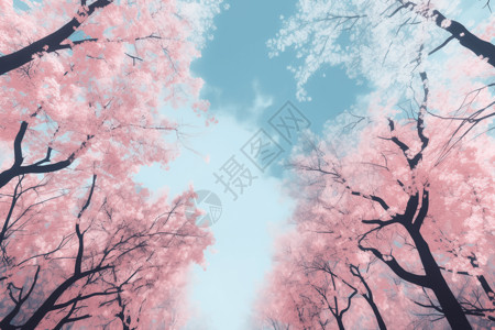 蓝天下的樱花树美景图片