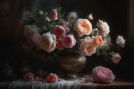 玫瑰花瓶的静物图片