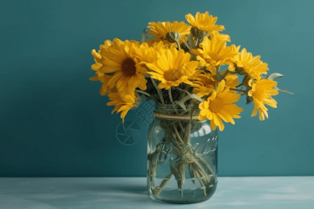 玻璃瓶花束黄色雏菊图片设计图片