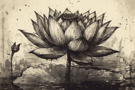 黑白水墨画荷花一朵莲花的精美图像插画