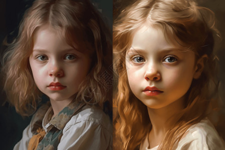 人脸照片逼真的小女孩肖像画插画