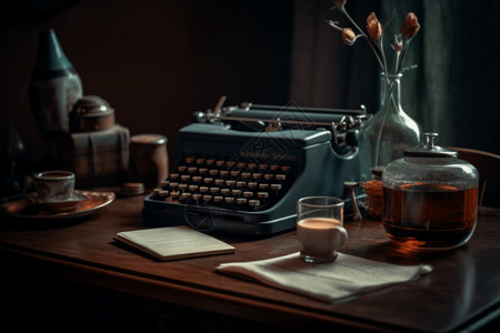 酒与咖啡素材老式打字机和一叠纸设计图片