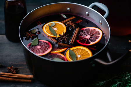 混合柑橘和香料的热葡萄酒高清图片