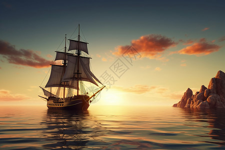 海上帆船水彩画海上美丽的风景设计图片