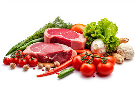 生猪肉和新鲜蔬菜背景图片