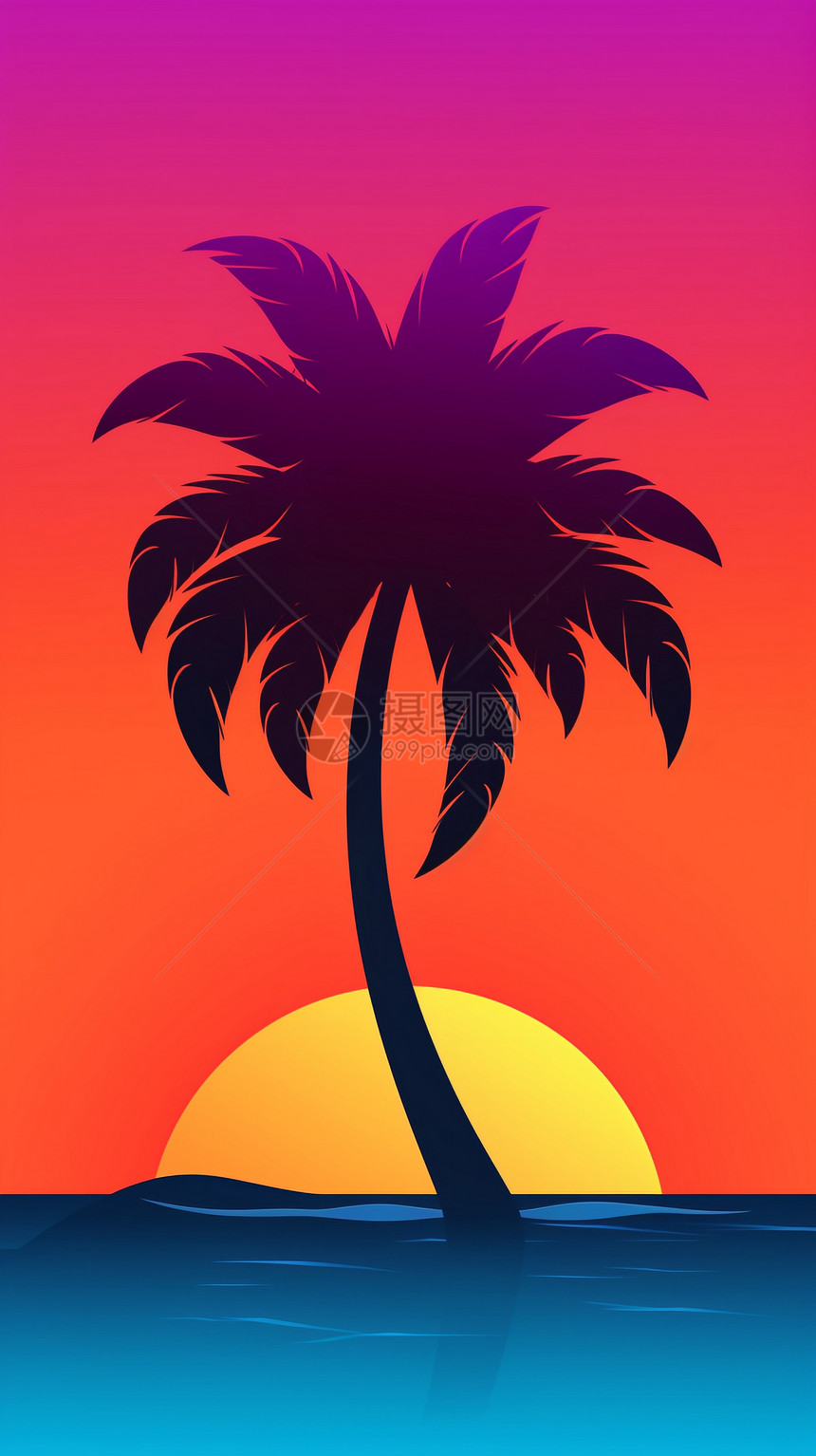 日落的棕榈树和海滩图片