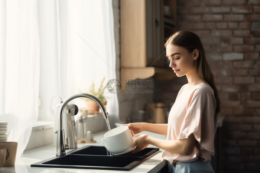 美女早上在厨房洗碗图片