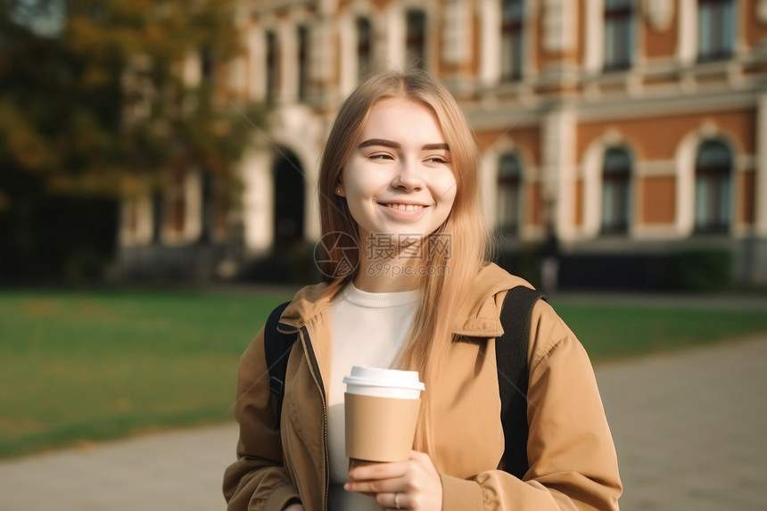 年轻女孩拿着咖啡在校园中图片