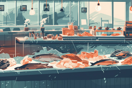 甲壳类动物餐厅中新鲜的海鲜插画