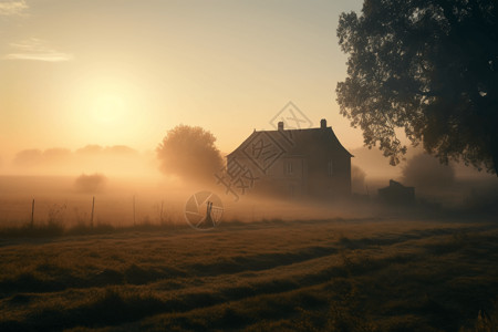 日出薄雾笼罩的乡村农舍图片