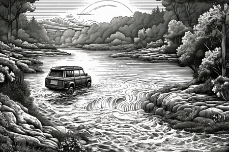 过河的SUV艺术插画图片