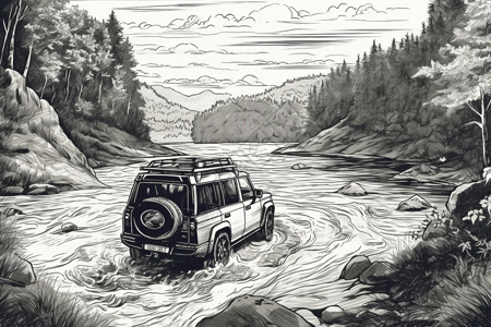 过河的SUV水墨插画图片