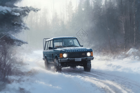 SUV在白雪皑皑的森林中图图片