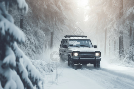 SUV在白雪皑皑的森林中驾驶图片图片