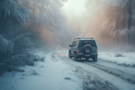 一辆SUV在白雪皑皑的森林中行驶背景图片