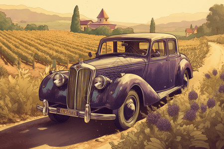 古董车驶过乡村的葡萄园背景图片