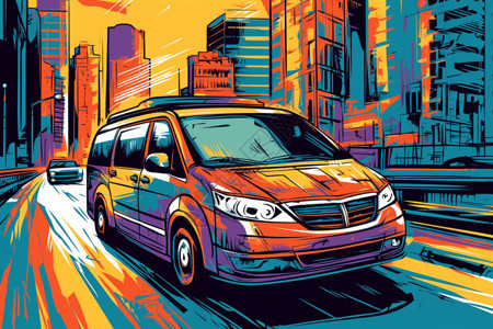 商务车贴图商务车在城市中巡游创意插图插画