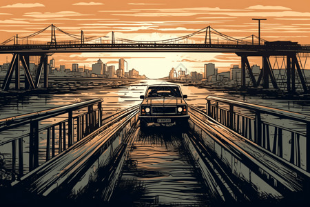 越野车在日出时过桥插图图片