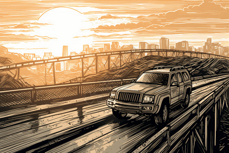 火车过桥越野车在日出时过桥水墨插图插画