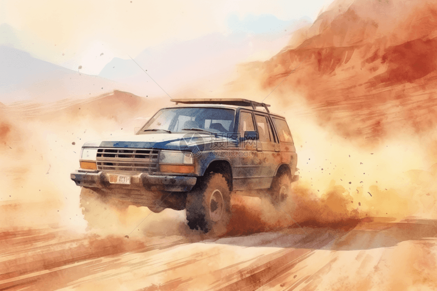 尘土飞扬的SUV穿越沙漠插图图片