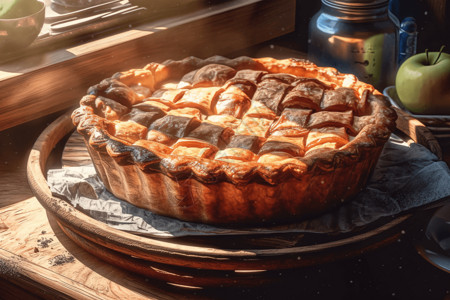 烤箱面包木桌上的面包苹果派设计图片