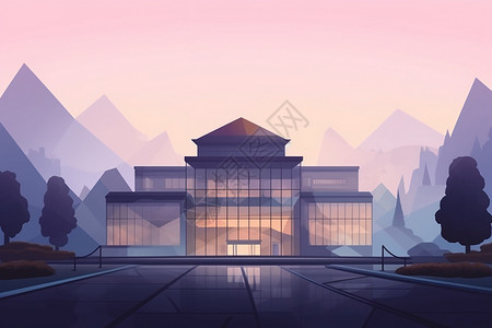 寒山美术馆黎明时分的建筑插画
