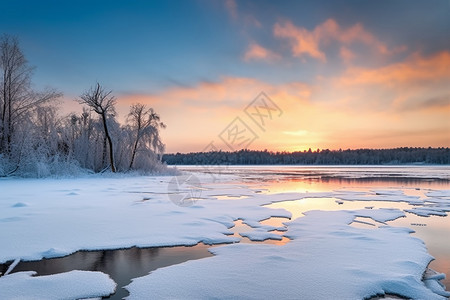 冰冻的湖面和日出风景图片