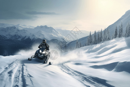 雪山中的雪地摩托赛车图图片