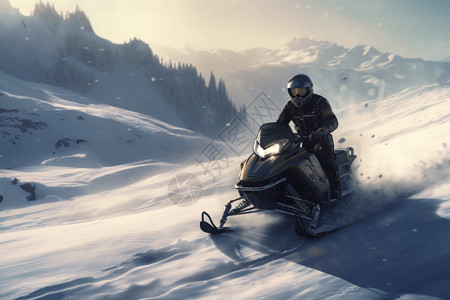 雪山中的雪地摩托赛车图图片