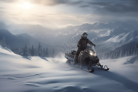 雪山中的雪地摩托赛车图片