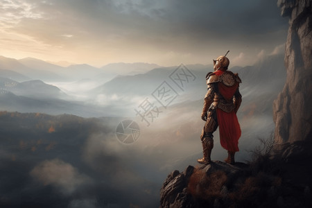 剑在石头金色盔甲的战士站在悬崖手绘插图插画