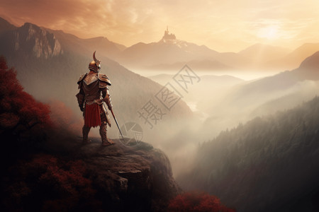 金色盔甲的战士站在悬崖创意插图图片