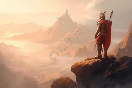 剑在石头金色盔甲的战士站在悬崖艺术插图插画