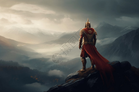 剑在石头金色盔甲的战士站在悬崖插图插画