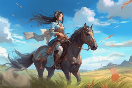 穿着唐装的女士在草原上骑马艺术插图图片