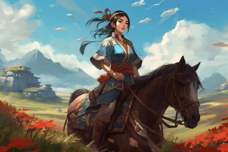 穿着唐装的女士在草原上骑马插图图片