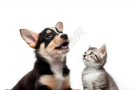 白色背景下的小猫和小狗背景图片